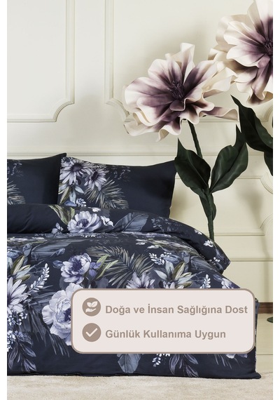 Elart Eva Nevresim Takımı Çift Kişilik %100 Pamuk Saten 200x220 Cm Lacivert Lacivert