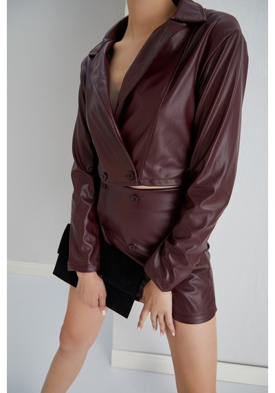 Winmoda34 Şortlu Takım Ceket Suni Deri Şort Etek Ceket Ikili Takım Bordo