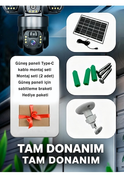 3 Kamera + Güneş Paneli 4k 4g Sım , Uzaktan Kontrol V380pro , Hareket Algılama, Gece Görüş Her Yerde Kullanım İç Ve Dış Mekan