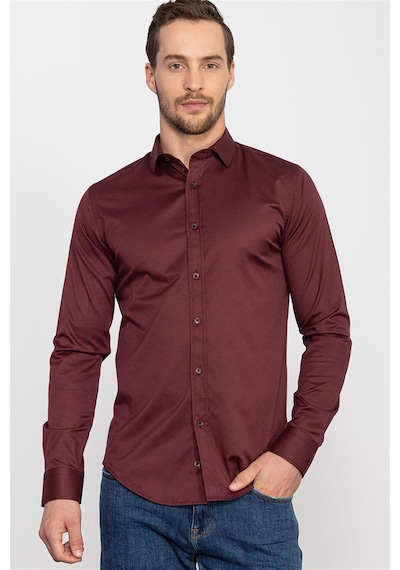 Tudors Slim Fit Uzun Kollu Likralı Düz Pamuk Saten Erkek Bordo Gömlek-19933 Bordo