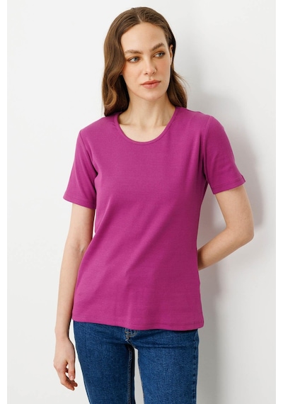 Kadın Sıfır Yaka Kısa Kol Pamuk Kaşkorse T-shirt Sıklamen pembe