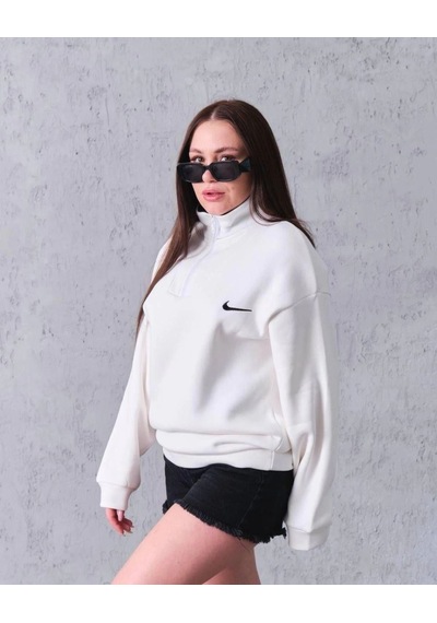 Velmora Fashion Kadın Yarım Fermuarlı Üç İplik Şardonlu Pamuklu Sweatshirt - Beyaz