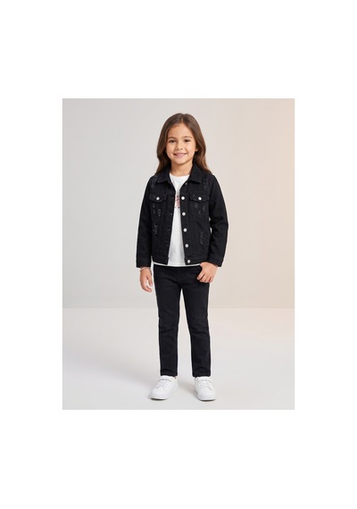 Deniva Kids Unisex Çocuk Siyah Denim Ceket Lazer Kesim Cepli Pamuklu Jean Ceket