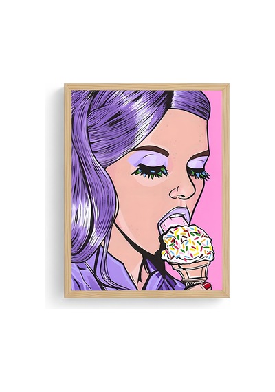 Doğal Ahşap Çerçeveli Mor Saçlı Pop Art Portre Tablo - Canlı Tonlar Huhu2031