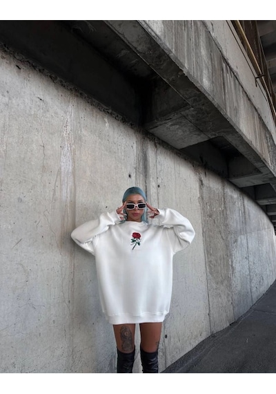 Mbb E-ticaret Kadın 3 İplik Pamuklu Bisiklet Yaka Gül Baskılı Sweatshirt - Beyazbeyaz Beyaz