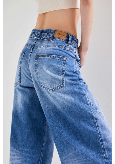 Itsbasic Kadın Mavi Kot Rengi 10s5-4 Kemer Tokalı Barrel Fit %100 Koton Denim Jean