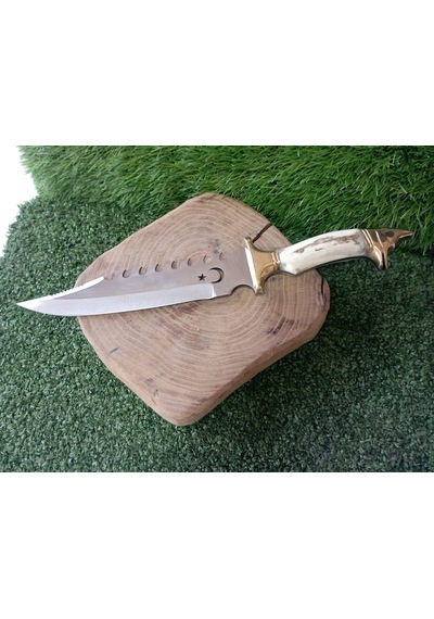 Tctknives Kurt Başlı Ay-Yıldızlı El Yapımı Av Kamp Bıçağı Kahverengi - Krem