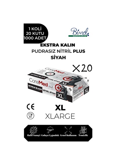 Ekstra Kalın Nitril Siyah Plus Muayene Eldiveni Xl - 1 Koli 20 Paket 50'li