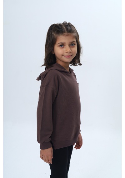 Kız Çocuk Relax Fit Kapüşonlu Düşük Omuz Nakışlı Sweatshirt - Cep Detaylı Mor