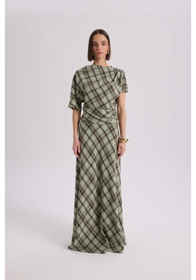 Mai Collection Petunya Ekoseli Yeşil Crop Etek Takım Yeşil