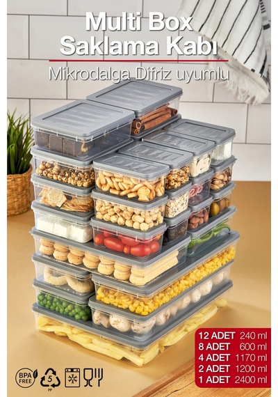 Multi Box 27 Parça 5 Farklı Boy Saklama Kabı Seti - Dondurucu & Mikrodalga Uyumlu Gri