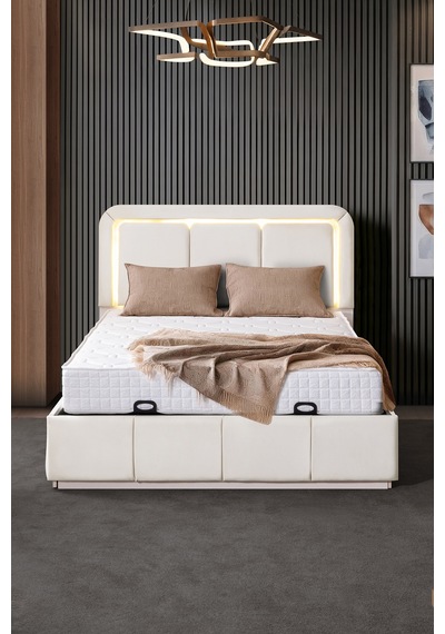 Demonte Baza Seti, Nox Ledli Çift Kişilik Baza Başlık Seti - İkili Set, Krem - 160x200 Cm 160 x 200