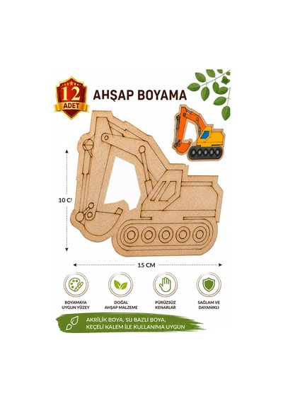 Ahşap Boyama Kepçe 12 Adet 10x15cm Araba Boyama Figürü Etkinlik Çoçuk Gelişim Motor Beceri Kreş Anasınıfı