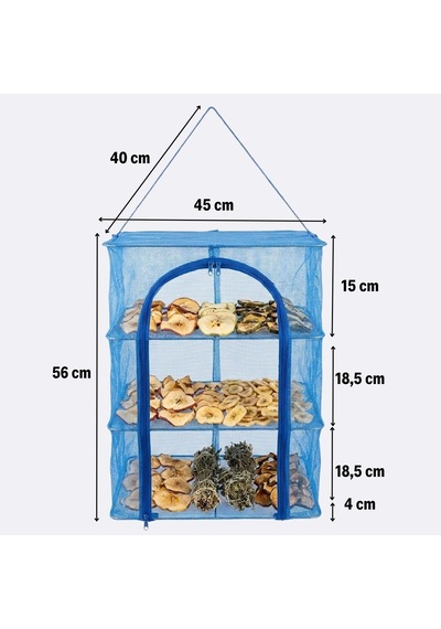 Buffer 3 Katlı Fermuarlı Sebze Meyve Kurutucu File 45x45 Cm Katlı Askılı Kurutma Filesi 56 Cm Uzunluk Mavi
