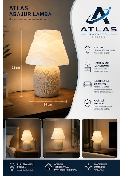 Modern Abajur Lamba, E14 Led Uyumlu, Dekoratif Gece Lambası 35 Cm Renkli