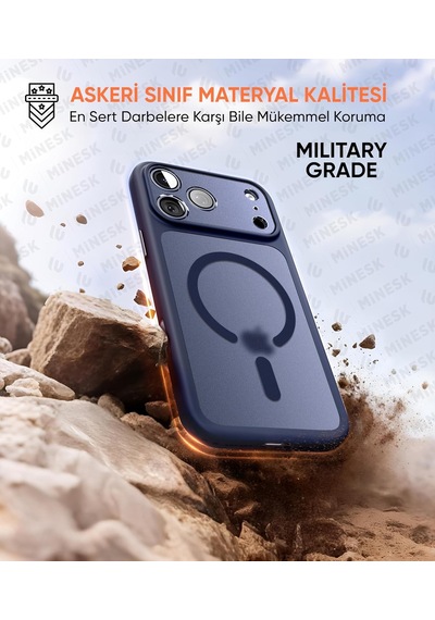 İphone 17 Pro Max İçin Magsafe İle Uyumlu Özel Geliştirilmiş Kamera Çerçevesini De Koruyan, Arkası Mat Polikarbonat Kenarları Silikon Akıllı Tasarım Kılıf Mavi, 17 Pro Max