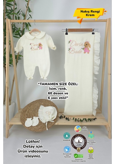 Gros Shop Müslin Yeni Doğan 4katlı Organik %100pamuk Kişiye Özgü Nakışlı Hastane Çıkış Seti Tavşan Model-3 Ekru-3