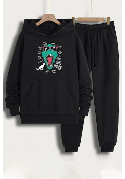 Uyguntarz Unisex T - Rex Baskılı Eşofman Takımı Siyah