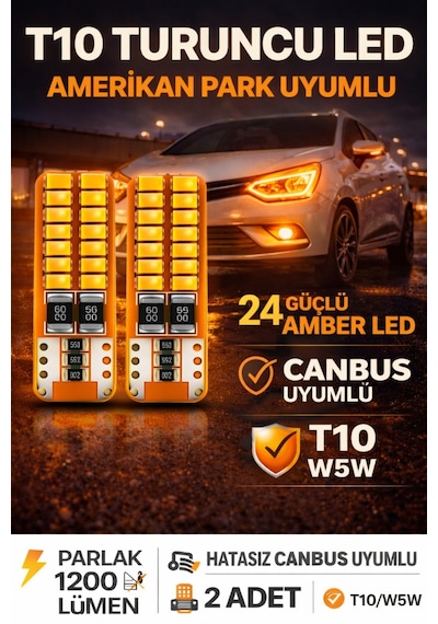 T10 Park Ampulü, Turuncu, 24 Led, Ultra Parlak, Amerikan Park Görünümü, Arıza Lambası Yakmaz, 2 Adet