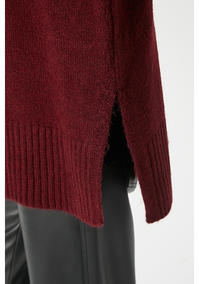Ritnice Kadın Wonder Yumuşacık Dik Yaka Bordo Yırtmaçlı Oversize Triko Kazak Bordo