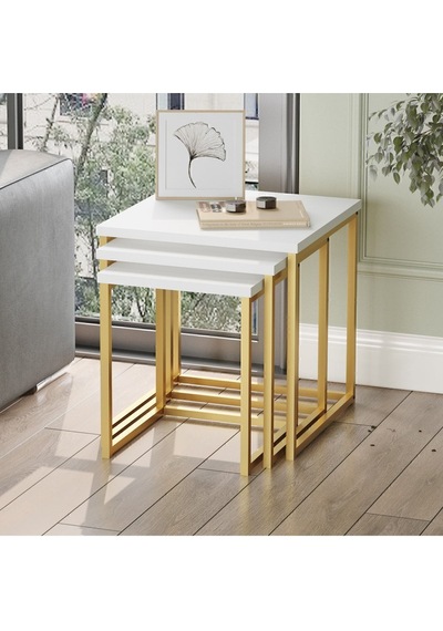 Atlantis 3'lü Gold Metal Zigon Sehpa Beyaz Atl7-w Beyaz