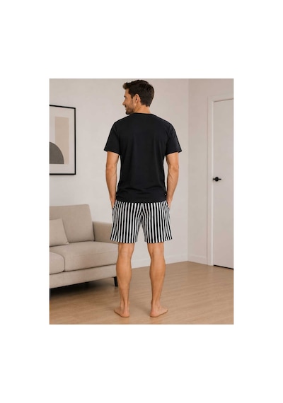 Pijamask Erkek Baskılı Şortlu Pamuklu Yazlık Pijama Takımı Siyah