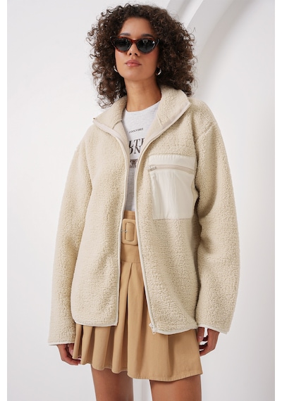 Bigdart 55446 Fermuarlı Oversize Peluş Ceket - Bej