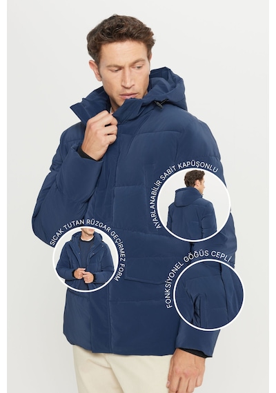 AC&Co / Altınyıldız Classics Erkek Indıgo Standart Fit Normal Kesim Dik Yaka Kapüşonlu Kapak Cepil Kaban İndigo