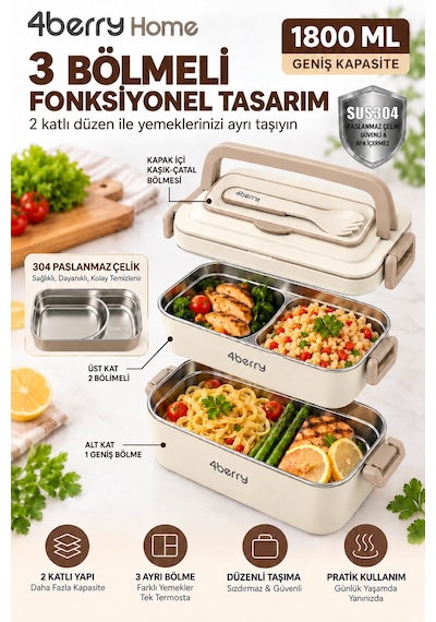 2 Katlı Yemek Termosu 3 Bölmeli 1800 Ml Taşınabilir Yemek Kabı, 304 Paslanmaz Çelik, Sızdırmaz, Isı Yalıtımlı, Kaşıklı Krem