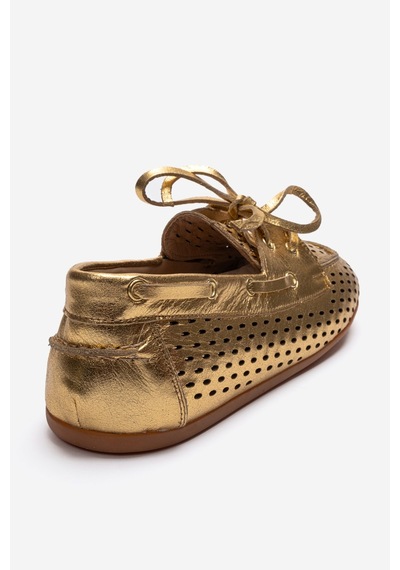 Luvishoes Stevo Altın Hakiki Deri Delikli Bağcıklı Kadın Loafer Ayakkabı