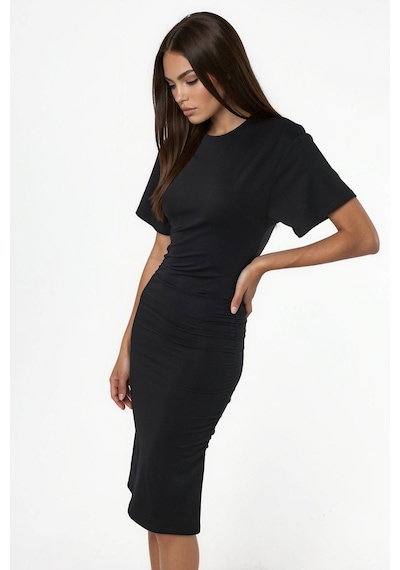 Hiccup Busem Drape Detaylı Dikey Yaka Mini T-shirt Elbisesi Siyah