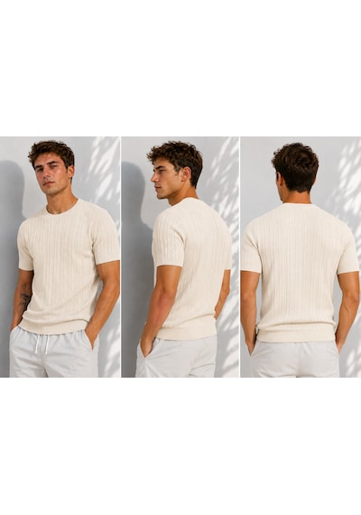 Ribana Erkek Bisiklet Yaka Kısa Kollu Esnek Örme Triko T-shirt 26091 Ekru