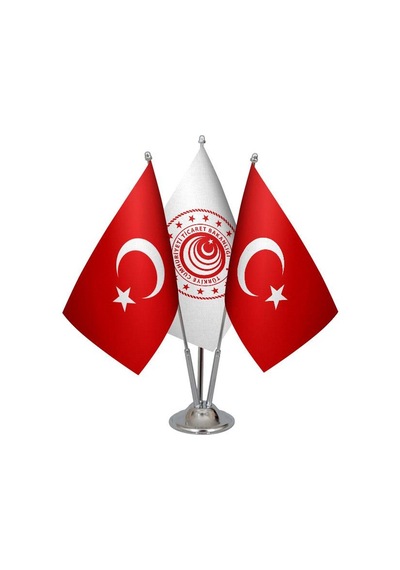 Masa Üstü Ticaret Bakanlığı Bayrağı Türk Bayrağı Üçlü Krom Direk
