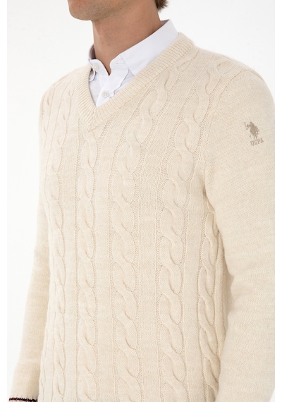 U.S. Polo Assn. Erkek Regular Fit V Yaka Krem Kazak 50308337-VR256