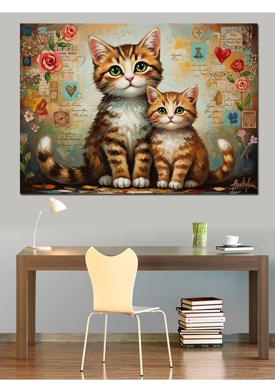Ahşap Tablo Çiçekli Bahçede Anne Yavru Kedi Çocuk Odası Tabloları