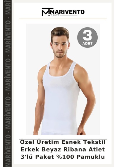 Marivento Özel Üretim Esnek Tekstil Erkek Beyaz Ribana Atlet 3'lü Paket %100 Pamuklu