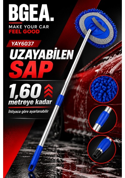 Bgea Mavi Mikrofiber Araç Yıkama Mop Seti Teleskopik Saplı Yay6037