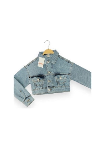 Çikoby Kız Çocuk Yumuşak Dokulu Lycralı Crop Kot Ceket-13950 Mavi