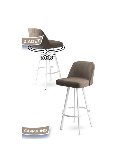 Canisa Atex Serisi 2 Adet Cappucino Sandalye 360 C Döner Bar Sandalyesi Babyface Kumaş Beyaz Metal Ayaklı Sandalye Cappuccino Ayakları Beyaz