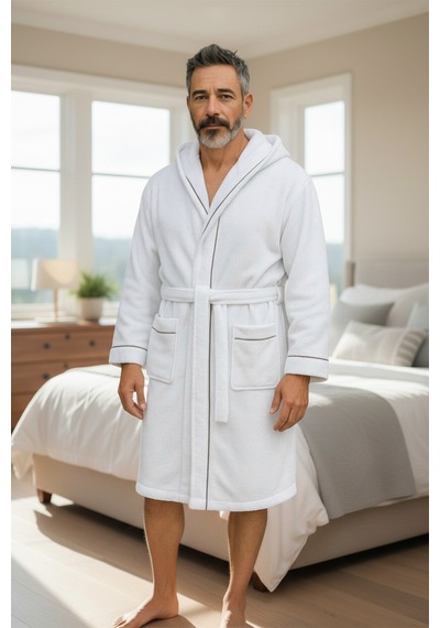 % 100 Pamuklu Laodikeia Kapşonlu Unisex Kadın Erkek Bornoz Beyaz