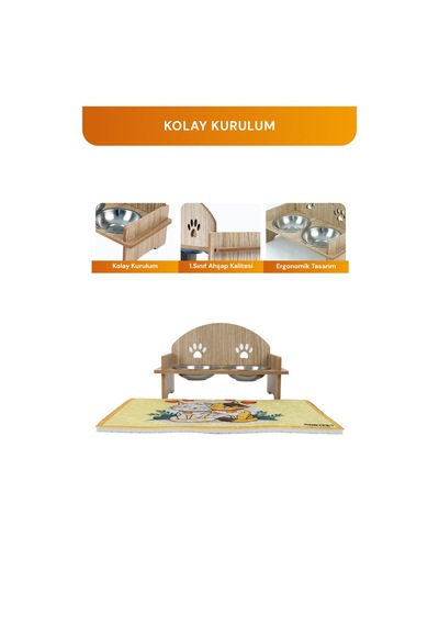 Ahşap Kedi Köpek Mama Su Kabı Standı, Metal Suluk, Kedi Köpek Halısı
