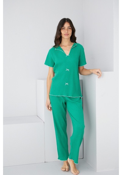 Siyah İnci Mevsimlik İnce Fiyonklu Pijama Takım7879 Yeşil