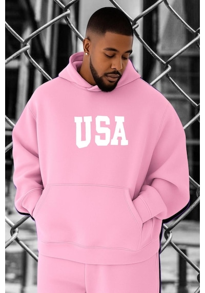Benroma 3 İplik Penye Usa Baskılı Büyük Beden Sweatshırt Pembe