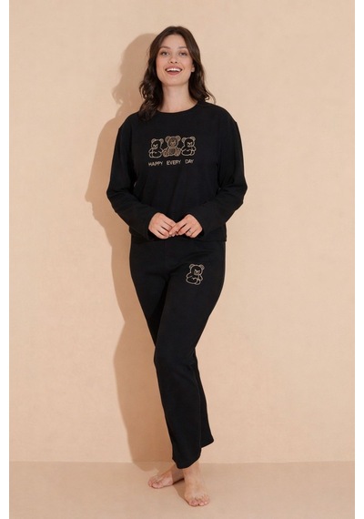 Wordex Mirano 9010 Havlu Kumaş Ayıcık Nakışlı Kışlık Kadın Eşofman Pijama Takımı Siyah