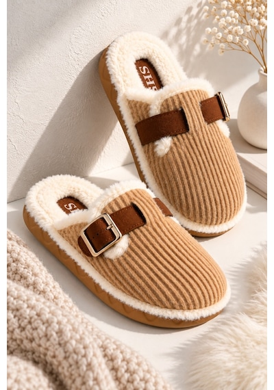 Muggo Clay İçi Kürklü Tokalı Peluş Kışlık Kadın Ev Terliği Taba