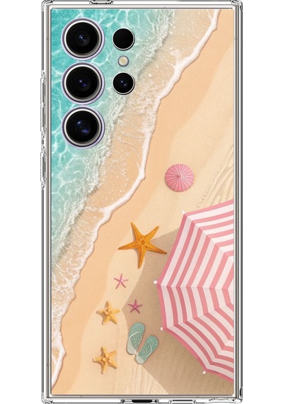Samsung Galaxy S24 Ultra Uyumlu Pembe Şemsiyeli Sahil Baskılı Silikon Kılıf Renkli
