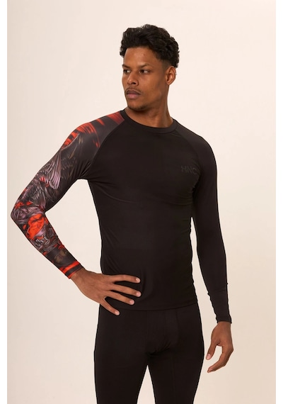 Hnc Sport Kartal Erkek Uzun Kol Tek Kol Dijital Baskılı Compression Fitness Gym Spor Body Tshirt Siyah