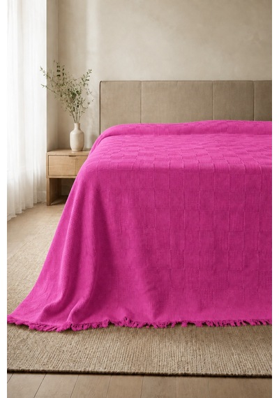 %100 Pamuk Dokuma Pike Çift Kişilik 200x230 Dama Desenli Saçaklı Pike Yatak Örtüsü Pembe