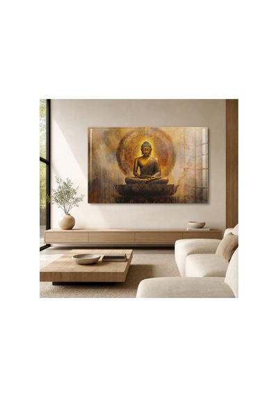 Altın Buddha Cam Tablo Dekoratif Duvar Tablosu Uv Baskılı Canlı Renkler Yatak Odası Ve Antre Doğum Günü Hediyesi 4mm Kırılmaz Cam
