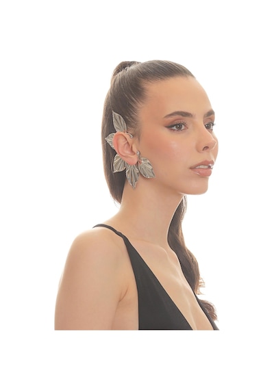 Kadın Gümüş Renk Lak Kaplama Zirkon Taşlı Yaprak Stilizesi Sağ Kulak Earcuff&kıkırdak Küpe Çok Renkli